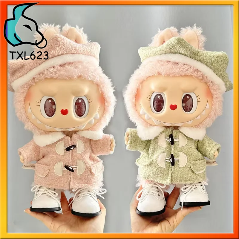 

Labubu 38cm Large Monster Doll with Pink Green Hexagonal Shell Hat Wool Fashion Doll Clothes Set Cute Gift for Girls Dress-Up