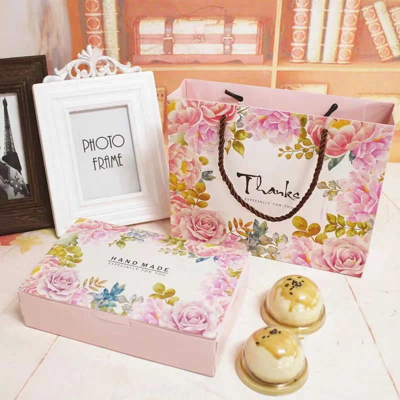 10PCS Gift Box Wedding Favor pink flowerPaper Cake Packaging Window Present Candy Bag Food Cupcake Cookie Pastry Cardboard