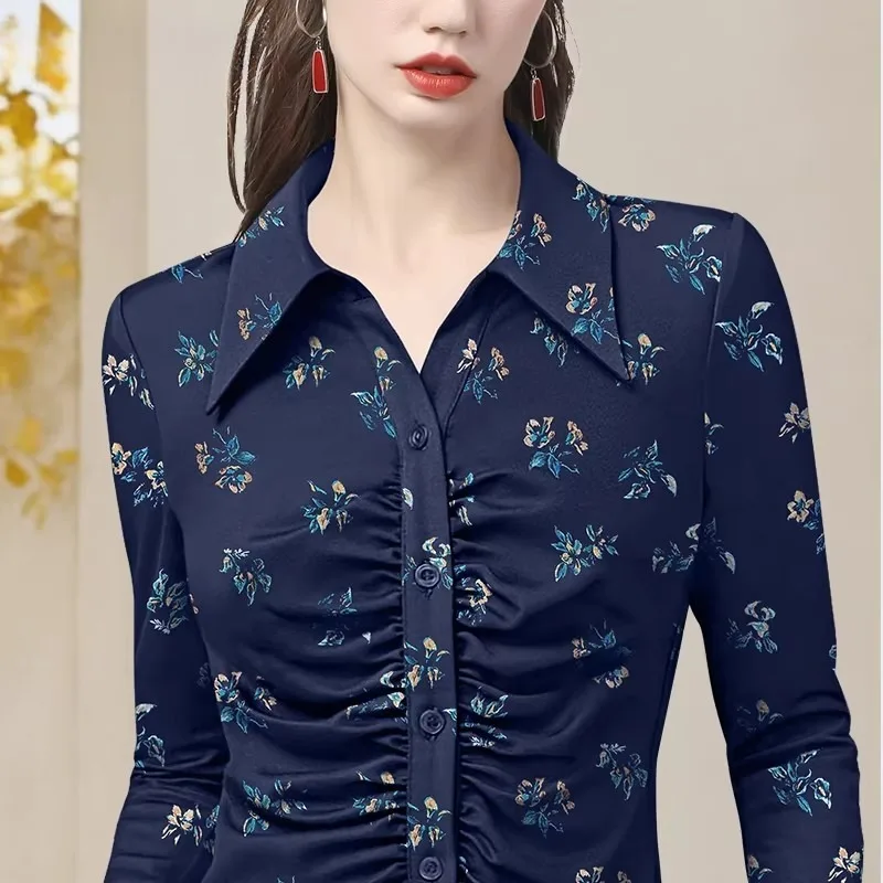 Women Long Sleeve Turn-down Collar Stretchy Knitted Shirt With All Over Floral Printed Button-down Top Skinny Fit