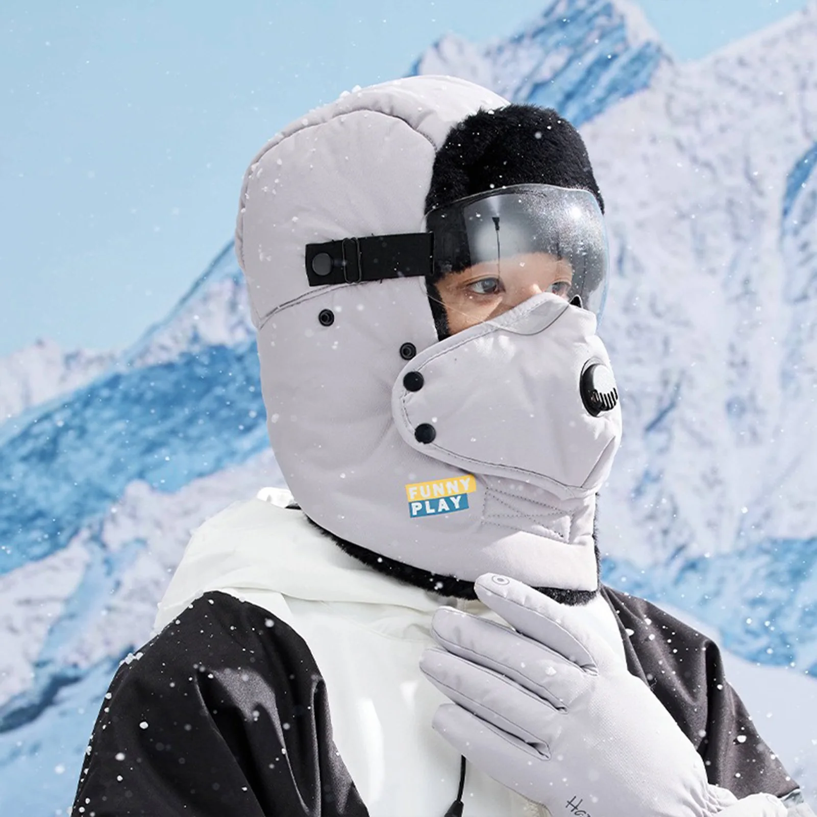 Warme, mit Fleece gefütterte Lei-Feng-Mütze für Herren im Winter mit Schutzbrille, winddichter Gehörschutz für Radfahren und kaltes Wetter, übergroßer Kopf