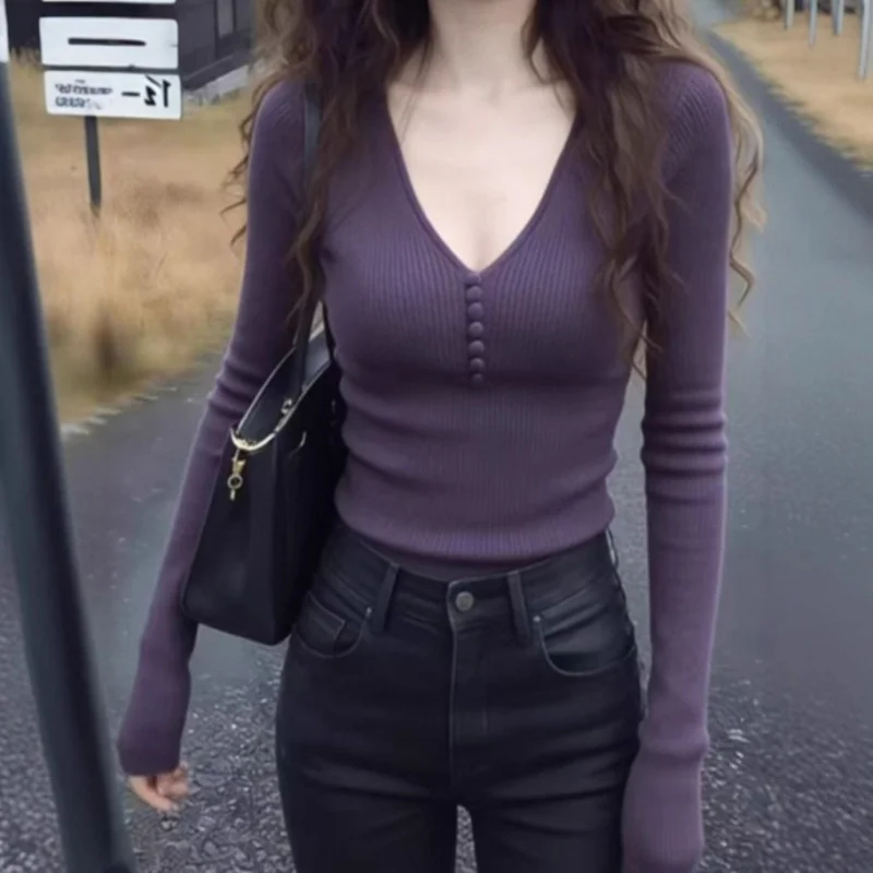 

Женский вязаный свитер в корейском стиле, фиолетовый, с длинными рукавами, осенне-зимний, модный, приталенный, базовый слой.