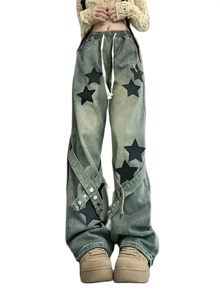 

Women's Blue Star Strap Design Sense Retro American 90S Spicy Girl Y2K Loose Print Wide Leg Denim Stretch Waist Pants