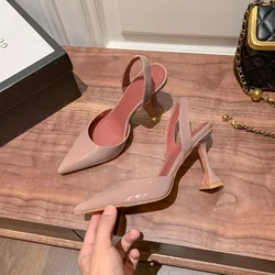 Pointed Lacquered Wine Glass Heeled Heels Women 2024 Summer New Korean Version of The Hollow Bag Head Loose Strap Sandals