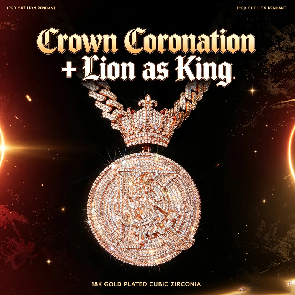 Iced Out Crown Round Medallion Pendant Necklace 18K Rose Gold Plated Bling Cubic Zirconia Hip Hop Cuban Chain Jewelry Oversized K King Emblem Charm For Rapper Outfit Club Party Accessory Sparkling Full Pave Streetwear Fine Jewelry Gifts for Men Boy Friend