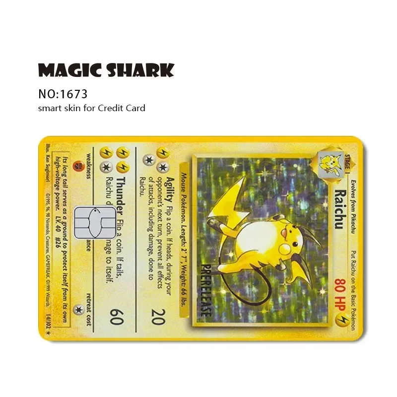 Magic Shlavabo-Couverture de peau de film autocollant en PVC, Pikachu, Charizard, pas de décoloration, carte de crédit, carte bancaire de débit, face avant