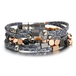 Amorcome Fashion Copper Alloy Beads Bracelet for Women Boho Printed Soft Leather Multilayer Wide Wrap Bracelets Jewelry Gifts