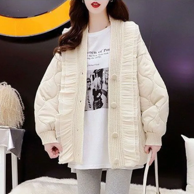 2023 New Women Cotton Coat Winter Jacket Loose Sense of Design Parkas Thicken Outwear Knit Overcoat Flounce Cardigan