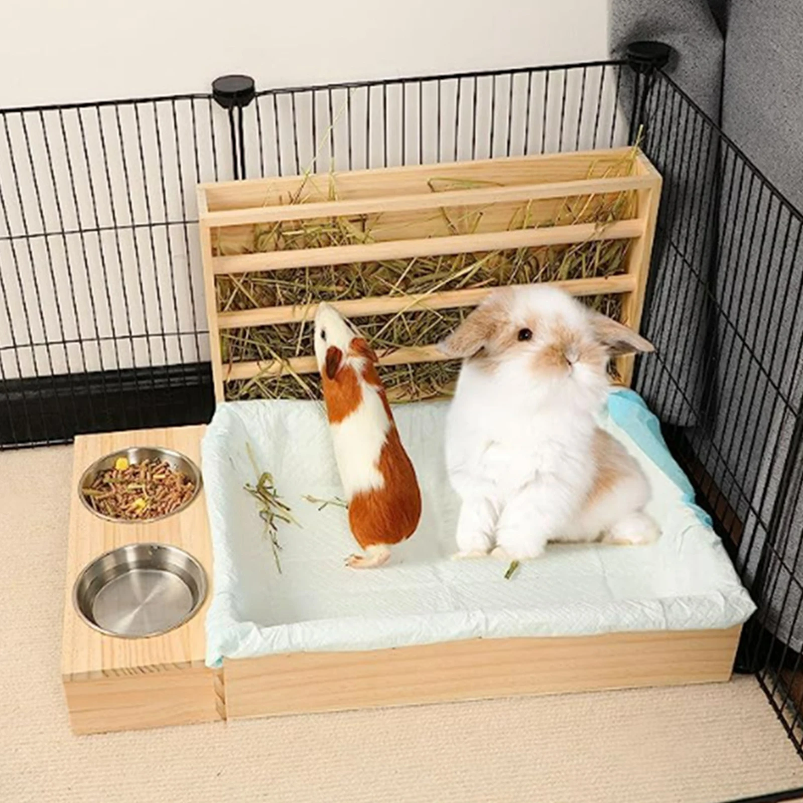 Wooden Rabbit Hay Feeder with Litter Box Bowls Water Feeder Bunny Hay Manger Pet Supplies for Bunnies Guinea Pig