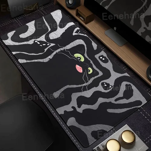Alfombrilla de ratón artística de gato negro XXL, juego de línea bonita, goma para Pc, alfombrilla de expansión para teclado de Anime, Base antideslizante líquida, accesorios de oficina