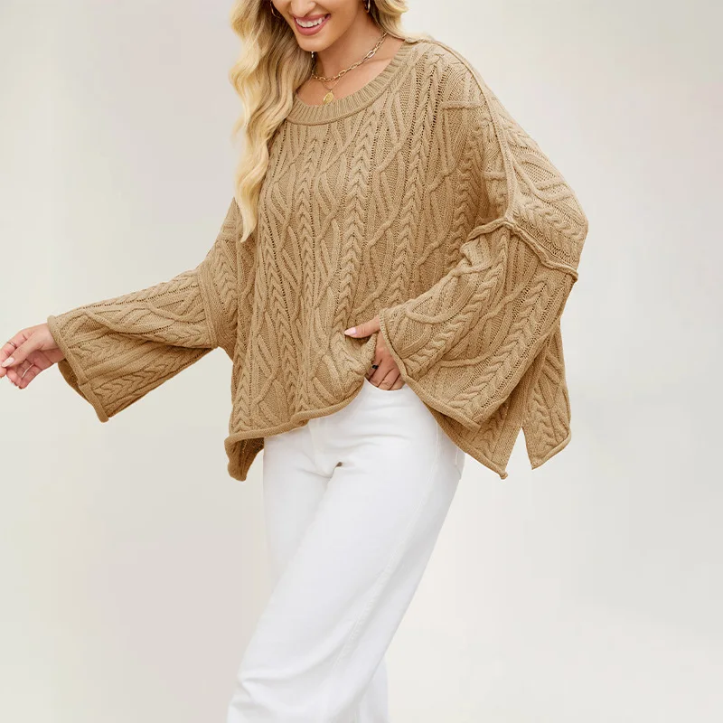 

2025 New Women's Short Cropped Cable Knit Sweater, Oversized Round Neck Bell Sleeve Solid Pullover Top for Autumn Winter