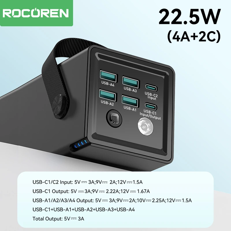 Rocoren 보조배터리 고속 충전 USB C타입 보조베터리, 손전등 포함, 아이폰 15, 14 용 캠핑 외장 배터리, 6 포트, 50000mAh