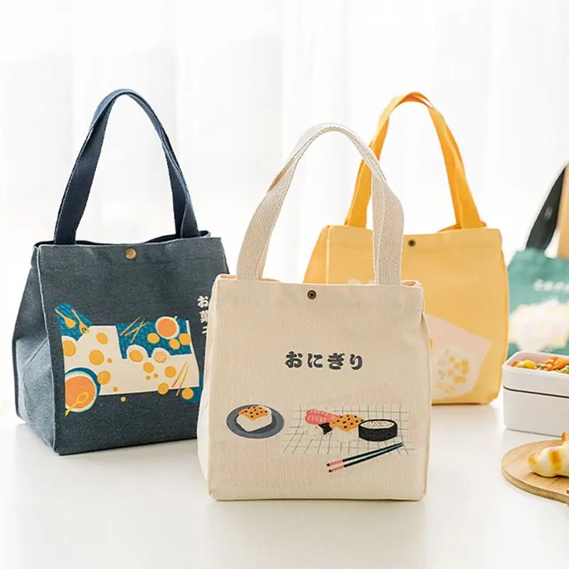 Canvas bento bag for students to bring food, portable lunch box bag, drawstring strap pocket, aluminum foil bento insulation bag