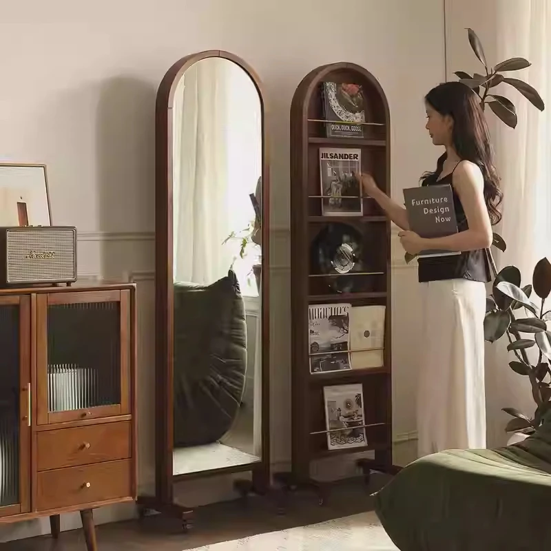 

Medium retro solid wood try-on full-length mirror full-body mirror rotating floor partition magazine book newspaper storage rack