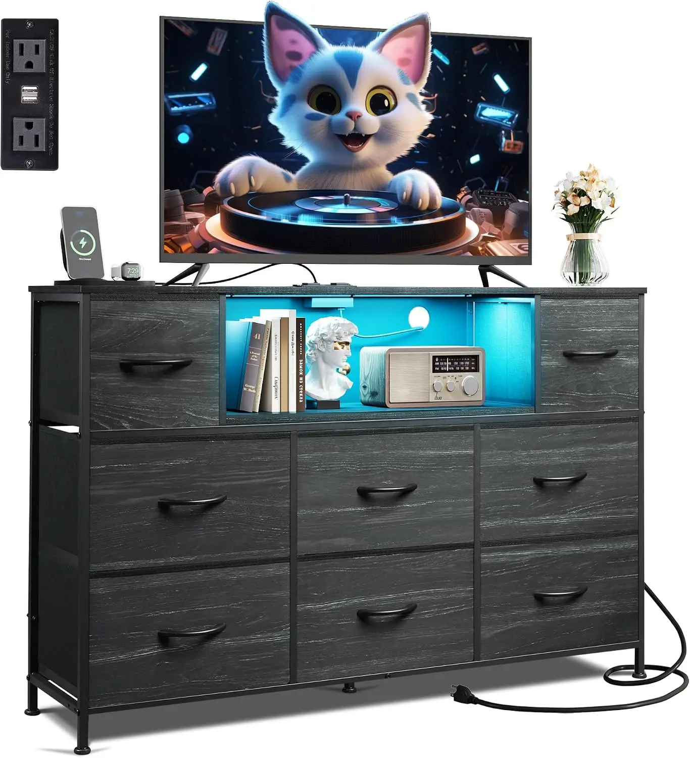 Dresser TV Stand for 55 Inch TV, 8 Drawers, LED, Black Wood Grain Fits TVs up to 55 inch, 8 fabric drawers, Built-in power outlet, Chest of drawers, Living room or bedroom