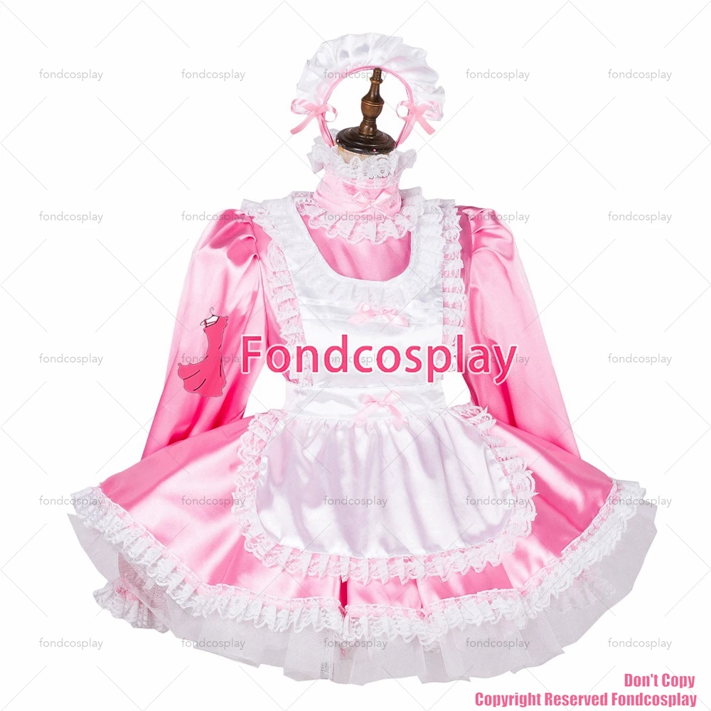 fondcosplay adult sexy cross dressing sissy maid short lockable pink satin dress Uniform white apron costume CD/TV[G1789]