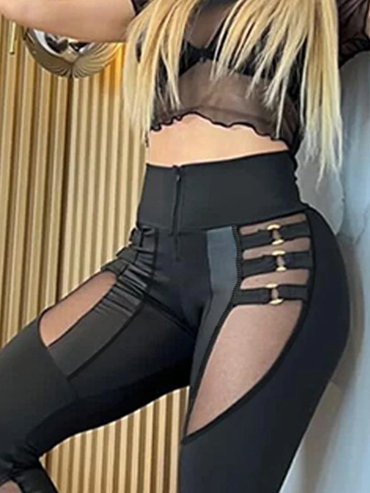 Women Sexy Solid Pants 2025 Casual Ladies O-Ring Decor Sheer Mesh Patchwork Pencil Pants Autumn Spliced Package Hip Trousers