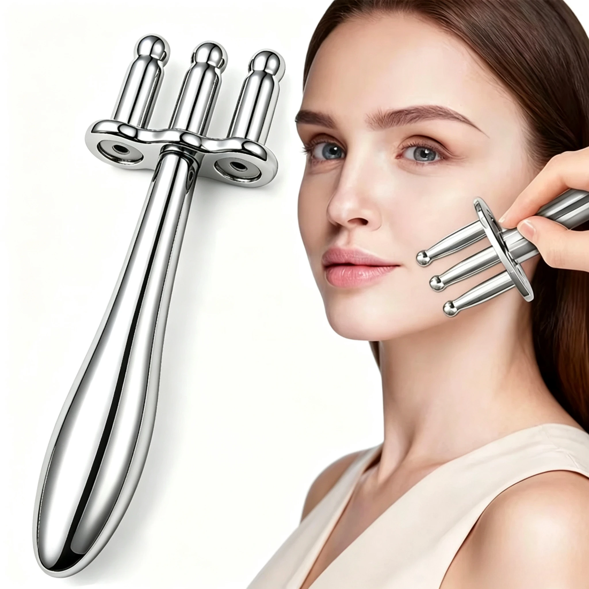 Stainless Steel Gua Sha and Acupuncture Pen Magnetic Acupuncture Pen, 3-Fork Face Massager with Detachable Fork Massage Tools