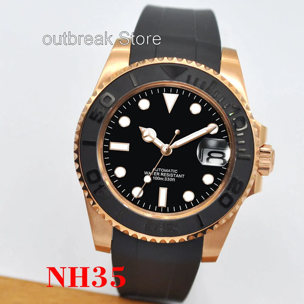 Corgeut Fashion Japan 24 Jewels NH35 40mm Watch Rose Gold Automatic Men Watch Miyota YM Brushed Ceremic Bezel Rubber Band