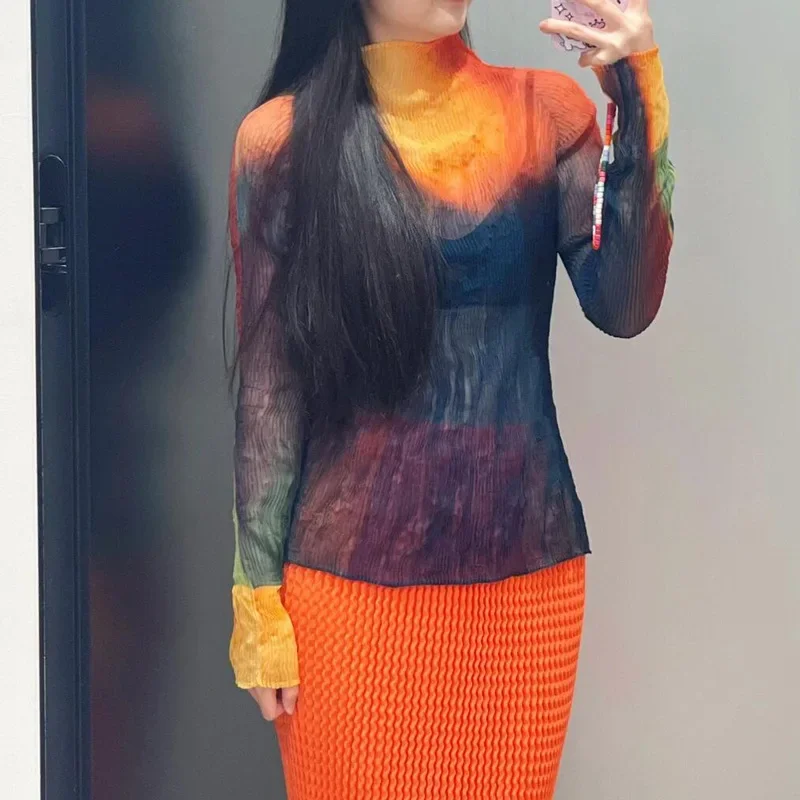 Miyake Style Japanese Pleated Perspective Turtleneck Long Sleeve Base Autumn New Fashion Daily Halo Wicker T-shirt