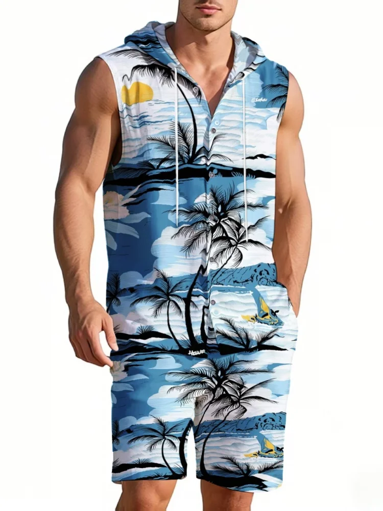 

Plus Size Men's Casual Sets 2026 Summer Hawaiian Print Sleeveless Hooded Romper Button Down Playsuit for Beach and Streetwear