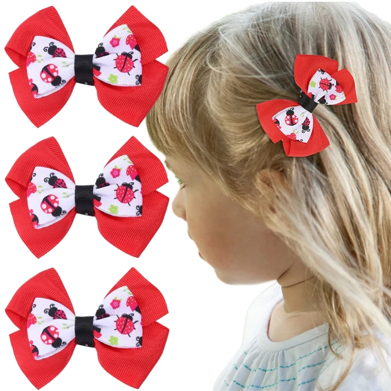 

ncmama Double Layers Ladybug Print Hair Bow Clip for Baby Girls Cute Animal Bowknote Hairpin Barrettes Headwear Hair Accessories