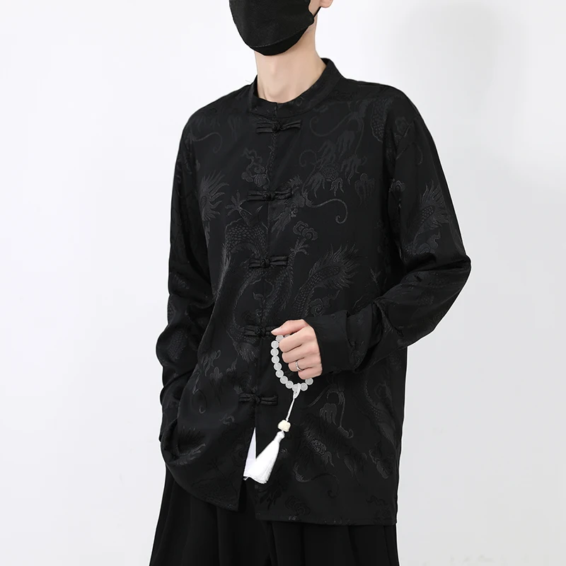 Oriental Style Long Sleeve Shirt Dragon Pattern Mandarin Collar Blouse with Frog Buttons Retro Loose Fit Fall Top for Men M-5XL