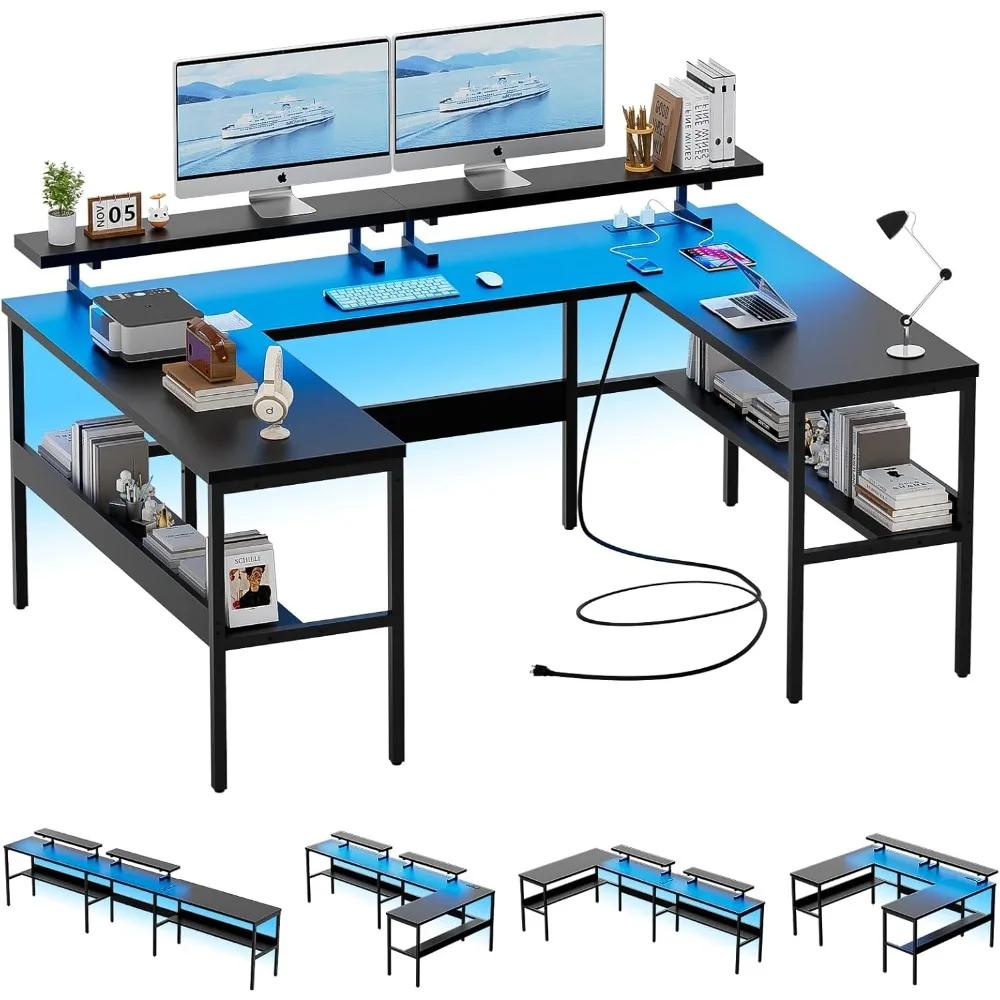 

Customizable U Shaped Desk & L Shaped Office Desk with Adjustable Monitor Stand, RGB LED Lights and Power Outlets, Sturdy Revers