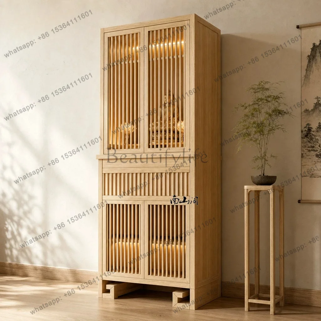 YJ Log Finish New Chinese Standing Shrine Cabinet Home Altar Cabinet For Guanyin God of Wealth Buddha Statue Worship Cabinet`