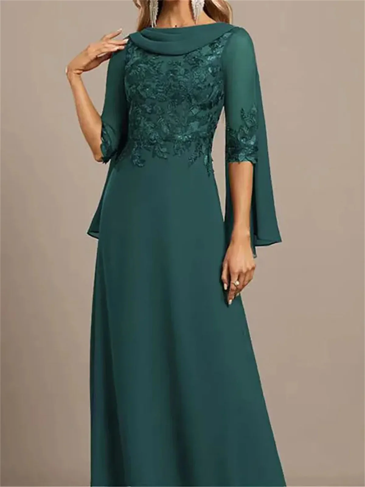 فساتين أم العروس أنيقة مزينة بالدانتيل على شكل حرف A مع وشاح نسائي نصف كم ورقبة قارب فساتين سهرة للحفلات الراقصة #3