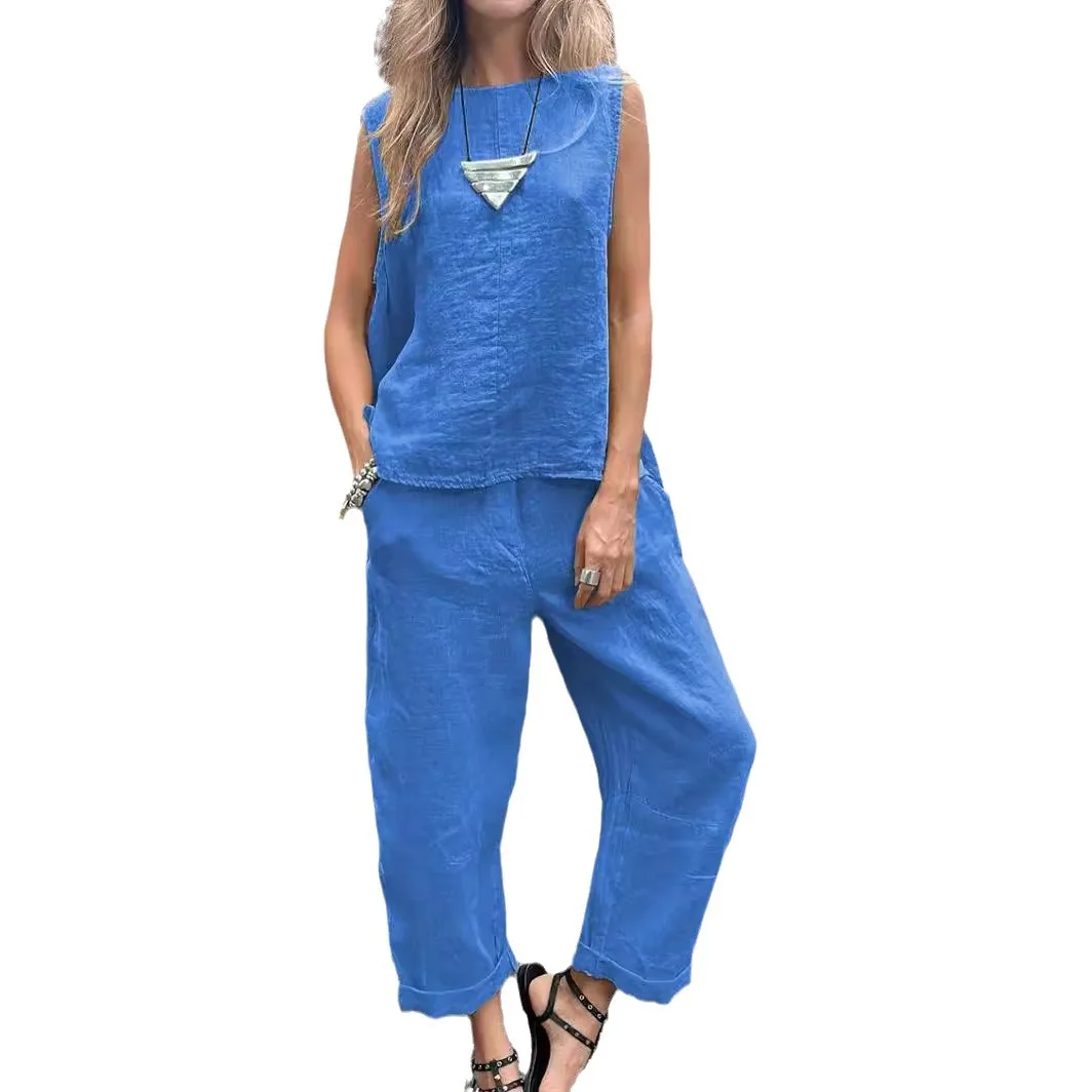 Spring Summer New Solid Sleeveles Cotton And Linen Women\'s Suit Simple Fashion Pocket Casual Long Pants Female 2piece Set Outfit