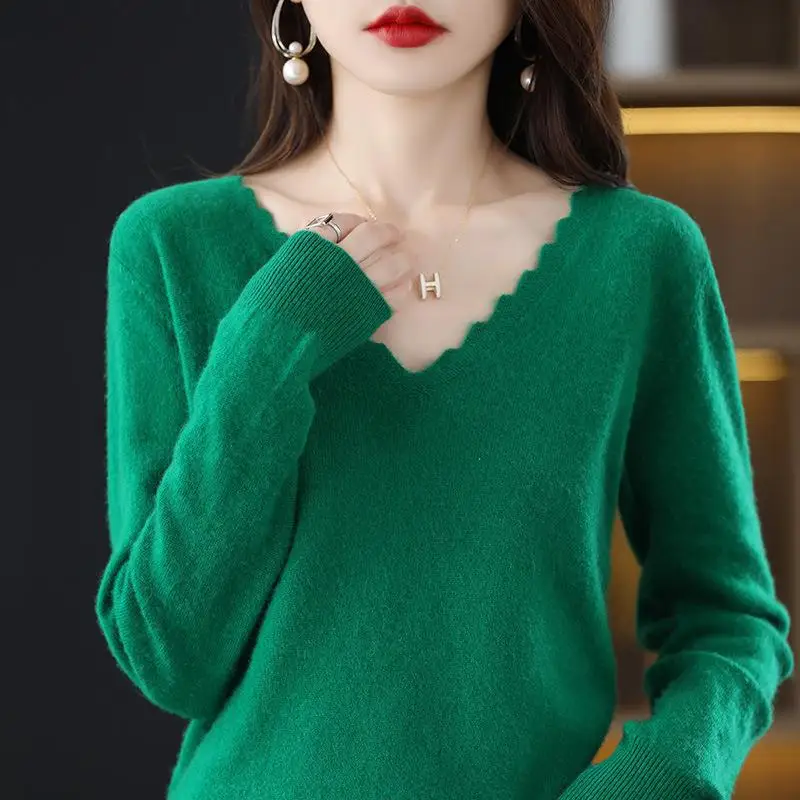 Womens Sweater Spring Autumn V-neck Long Sleeve Knit Tops Fashion Korean Jumper Warm Bottoming Shirt Basic Pullover Knitwears