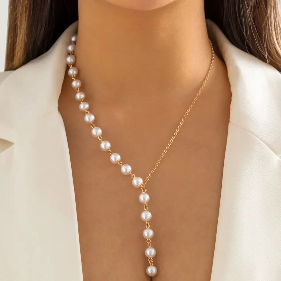 Ingemark elegancka asymetryczna imitacja perły łańcuszek na klatkę piersiową naszyjnik kobiety Wed Bridal Kpop koralik długi Choker akcesoria biżuteria nowość