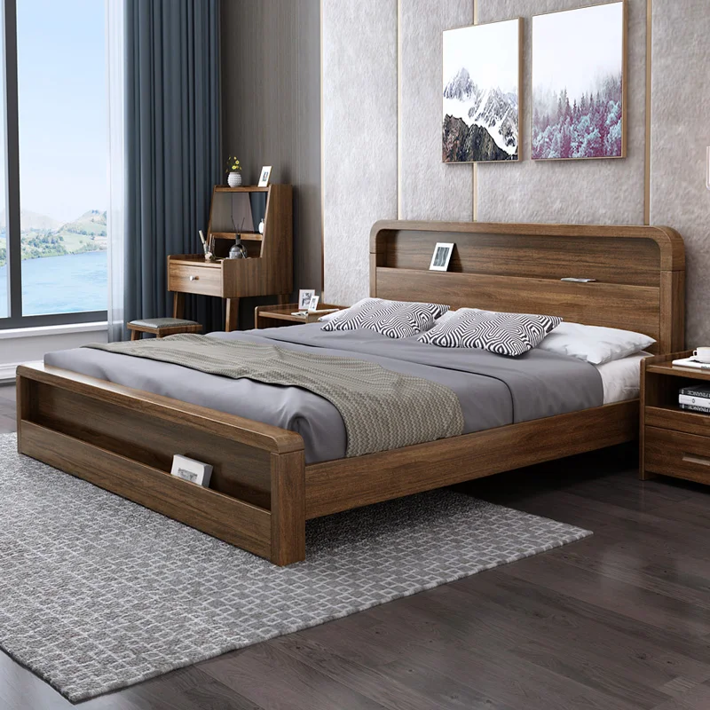 Walnut Nordic solid wood bed 1.8m 1.5m modern simple single double master bedroom small apartment high box bed marriage bed