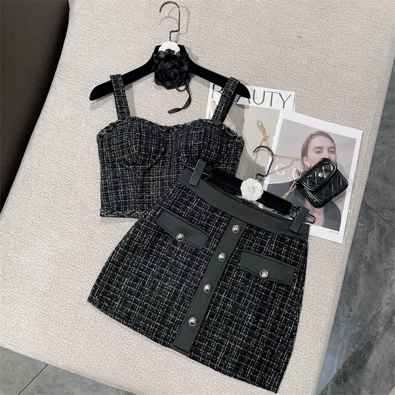 

High Quality Small Fragrant Tweed Two Piece Set Women Sexy Sling Tank Crop Top + Skirt Suit Female Y2k Streetwear 2 Piece Sets