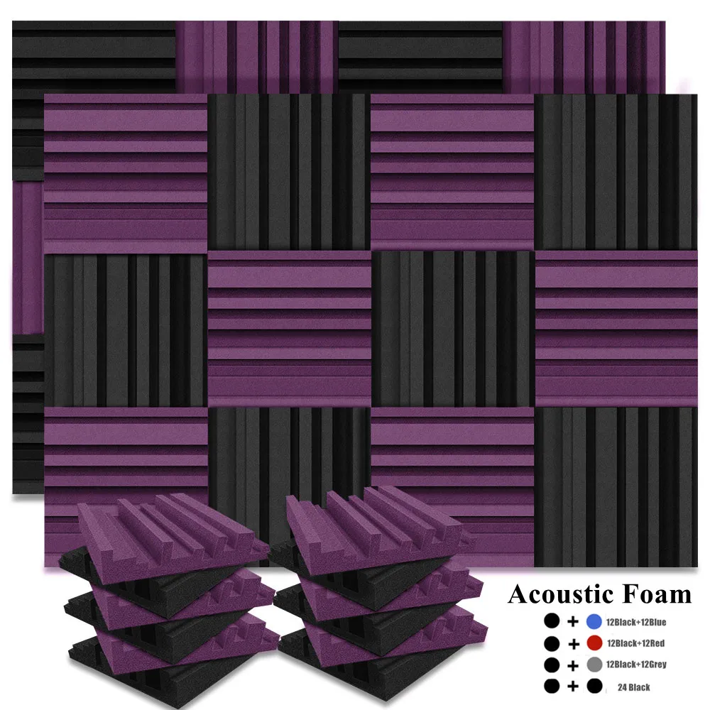 24Pcs 25x25x5cm Studio Acoustic Foam Sound Absorbing Noise Insulation Sound Proofing Treatment Panels 12Black 12Purple