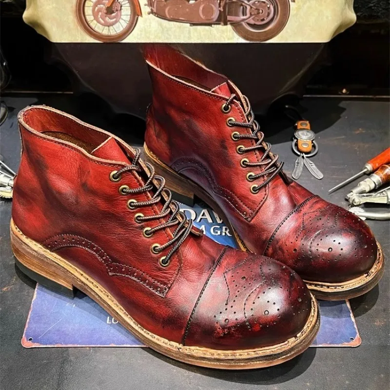 British Style Retro Men's Shoe Genuine Leather Motorcycle Lace-up Outdoor Hiking High Top Anti-slip Work Boots Customize