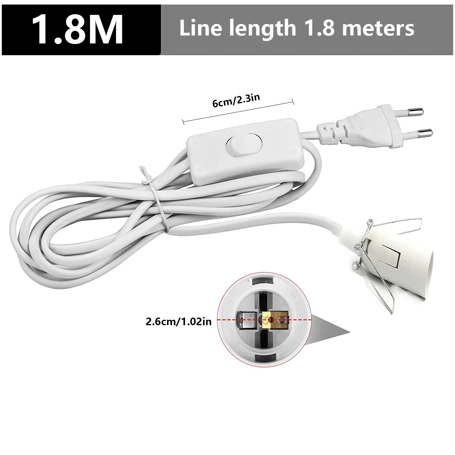 1.8m Power Cord Cable Wire with 303 Switch Metal Clip E14 E27 Socket Lamp Base Hanglamp Holder EU Plug Cord for Salt Lamps