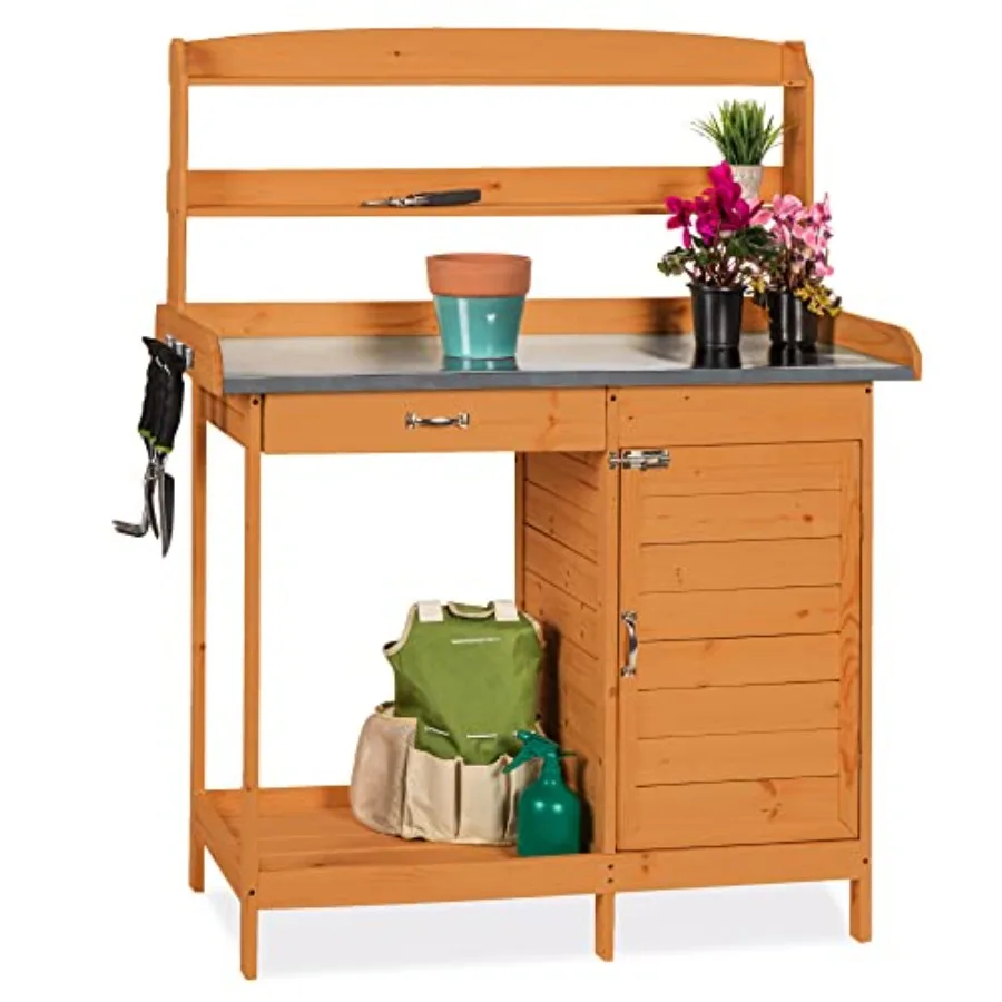 Outdoor Garden Wooden Potting Bench Work Station w/Metal Table Top, Pre-Stained Finish, Cabinet, Sliding Drawer, Large Bottom S