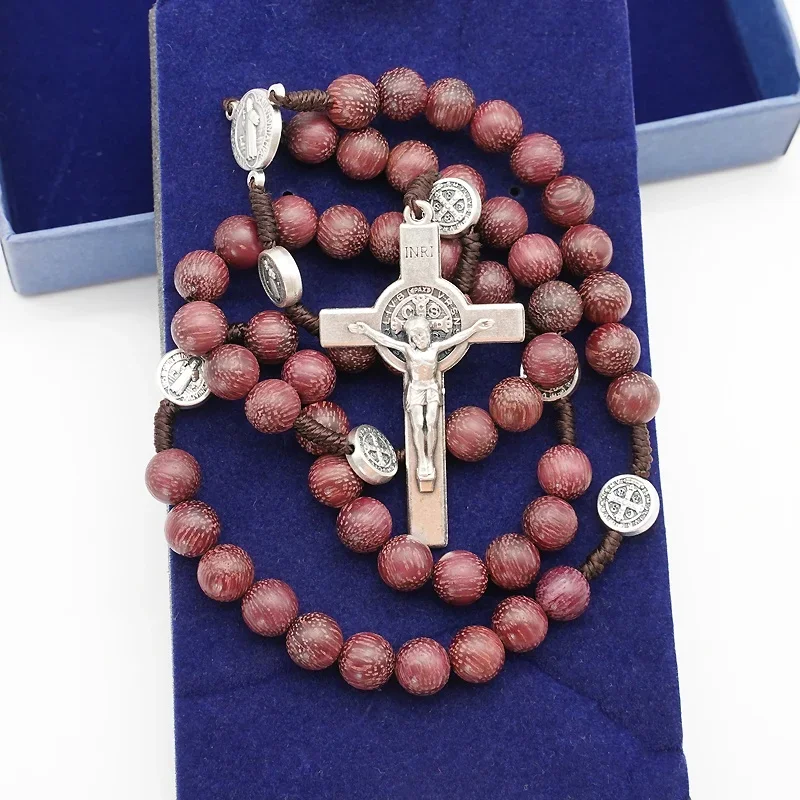 Retro Wooden Rosary Beads Car Ornament For Women Mother Gifts Saint Benedict Medal Cross Jesus Religious Car Pendant