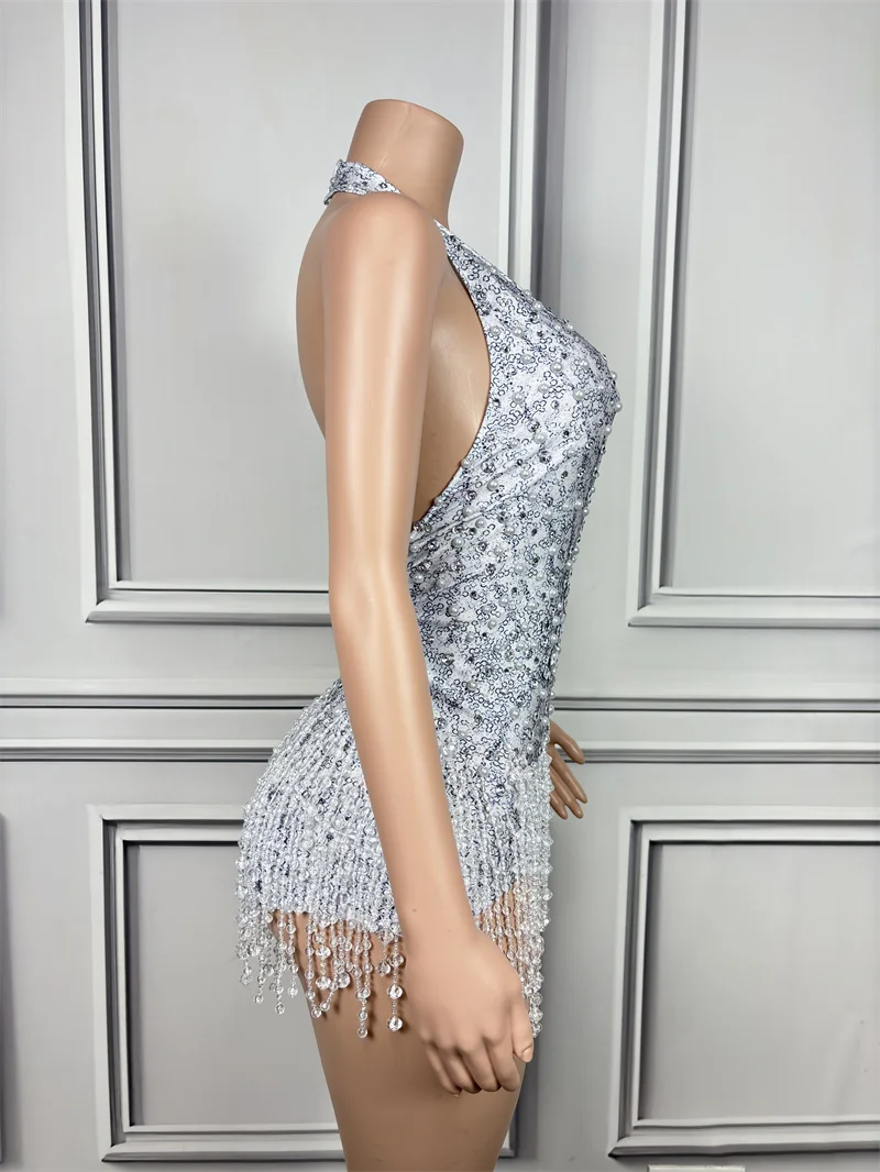 Pearls Rhinestones Crytrals Tassels Sexy Backless Sheath Bodysuit Evening Party Nightclub Dancer Perfprmance Costume Stage Wear