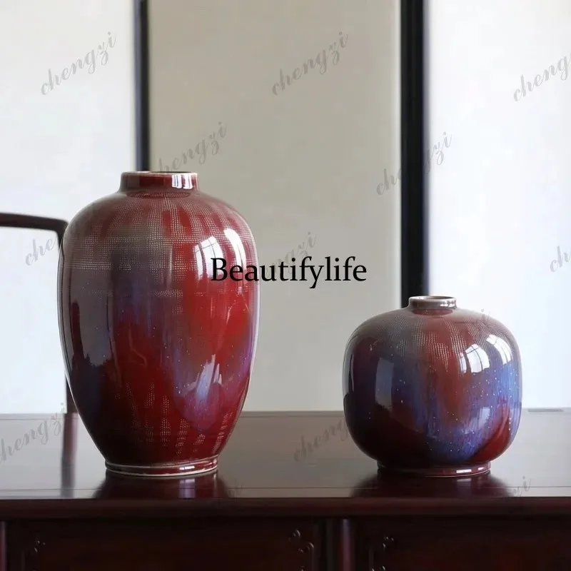 E182 New Chinese Zen, red glaze vase, small mouth flower ware, home living room, tea room soft decoration ornament