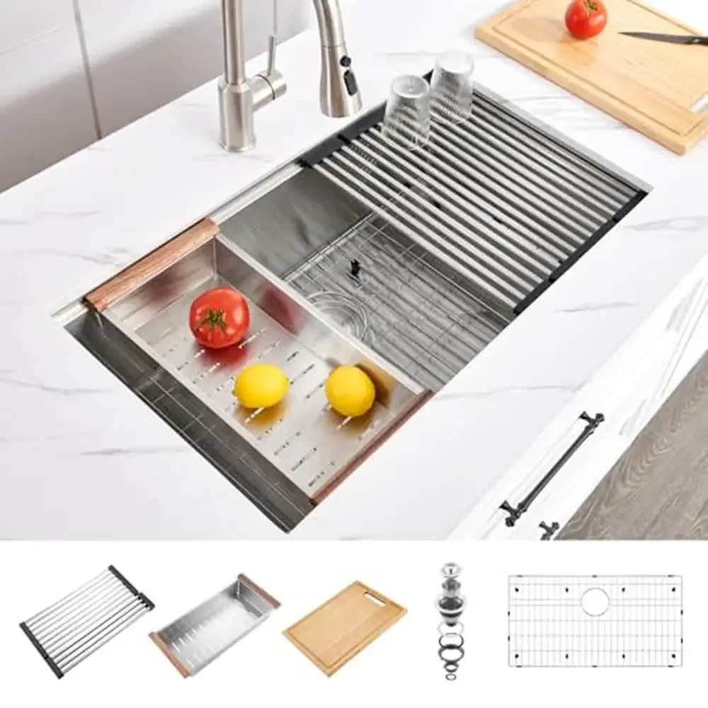 Undermount Kitchen Sink 33x19 Single Bowl 304 Stainless Steel Workstation 16 Gauge Handmade Cutting Board Rack Colander Sound