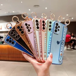 Wrist Strap Holder Electroplating Love Heart Phone Case For Samsung Galaxy S26 Ultra S25 S24 S23 A15 A54 Shockproof Back Cover