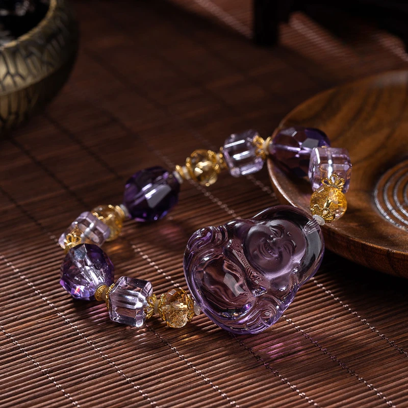 

Original Natural Amethyst Buddha Hand Brand Raw Ore Primary Color National Style Single Ring Bracelet Net Body Unique Product