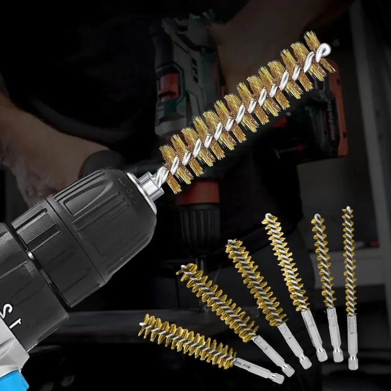 6Pc Bore Wire Brush Twisted 1/4 Inch Hex Shank Brass Bore Cleaning Wire Brushes 8-19mm for Power Drill Impact Driver Accessories image 4