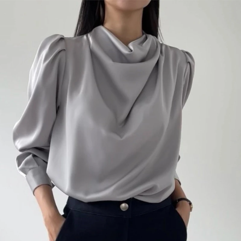 

Korean Chic Silk Satin Shirt Pile Collar Pleated Long Sleeved Office Lace Tops Spring Autumn Women Pullovers Blouse
