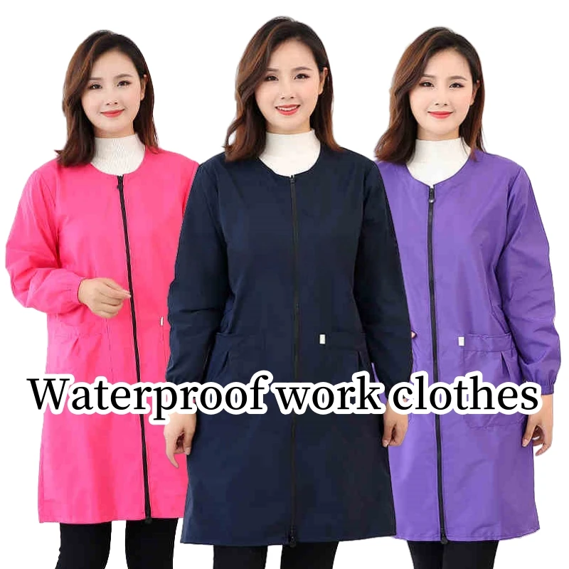 Women Waterproof Smock Workshop Uniform Home Kitchen Cooking Oil-proof Apron Long Sleeved Work Clothes Non Elastic Fabric Y0716