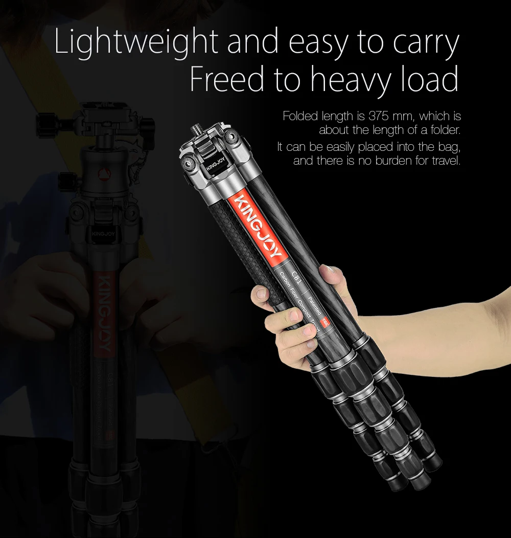 KINGJOY 10X Carbon Fiber DSLR Tripod Professional Photography Camera Tripe with Aluminum 360° Ball Head for Outdoor Travel Photo