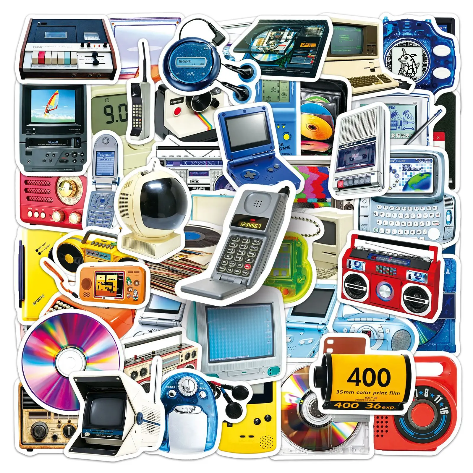 50PCS Vintage Phone CD Tape Stickers Retro Cartoon Equipment Decals Motorcycle Laptop Suitcase Notebook Waterproof Stickers