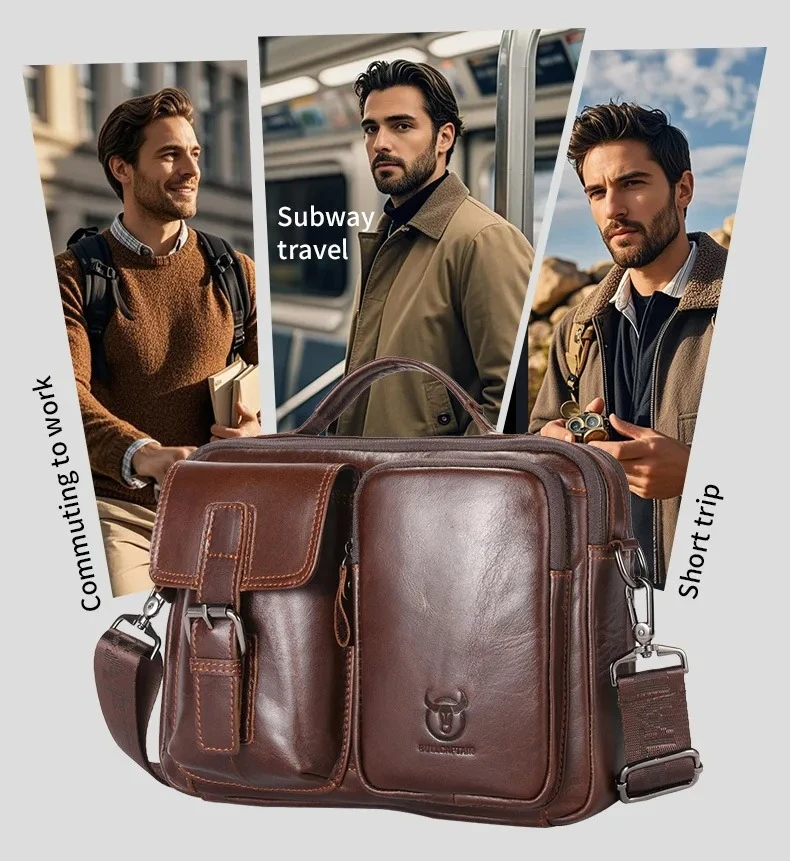 حقيبة كتف واحدة للرجال من الجلد الطبيعي متعددة الجيوب محمولة باليد ذات سعة كبيرة لتخزين الكمبيوتر المحمول